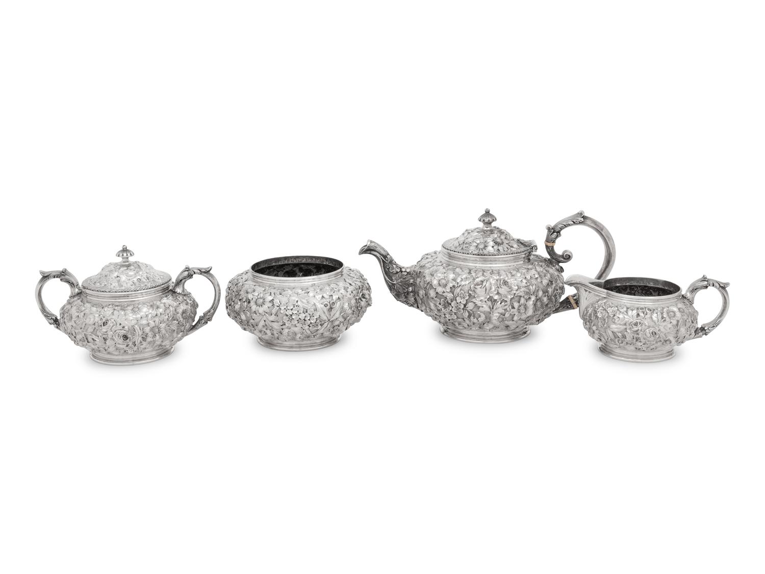An American Silver Repoussé Four-Piece Tea Service