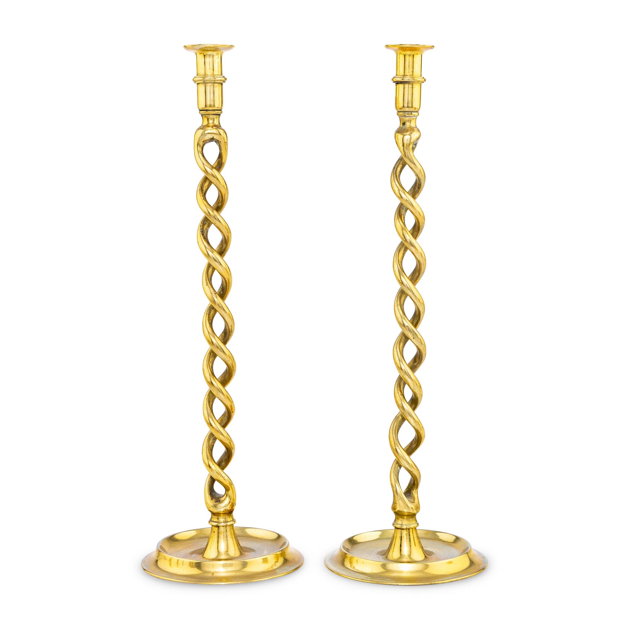 A Large Pair of English Brass Barleytwist Candlesticks