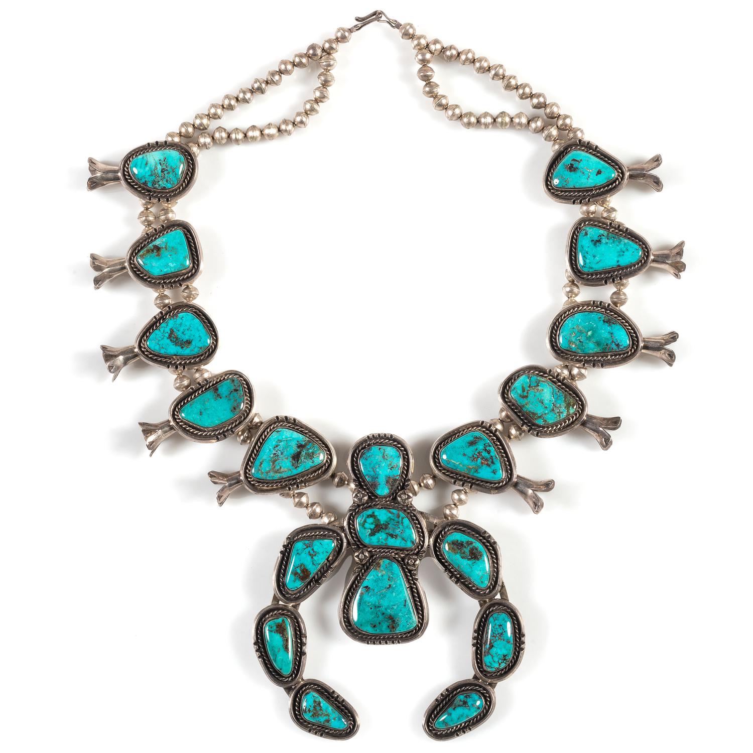 Large Navajo Silver and Turquoise Squash Blossom Necklace