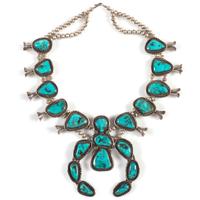 Large Navajo Silver and Turquoise Squash Blossom Necklace