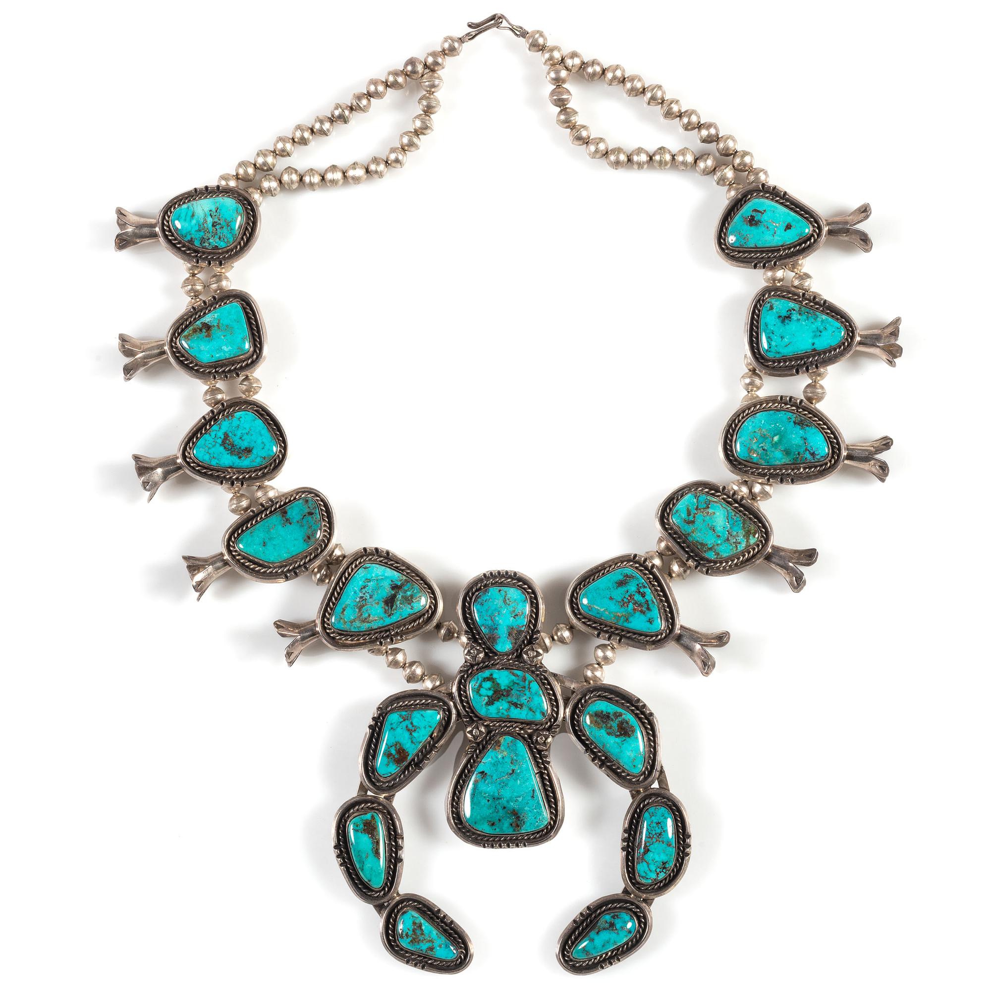 Large Navajo Silver and Turquoise Squash Blossom Necklace