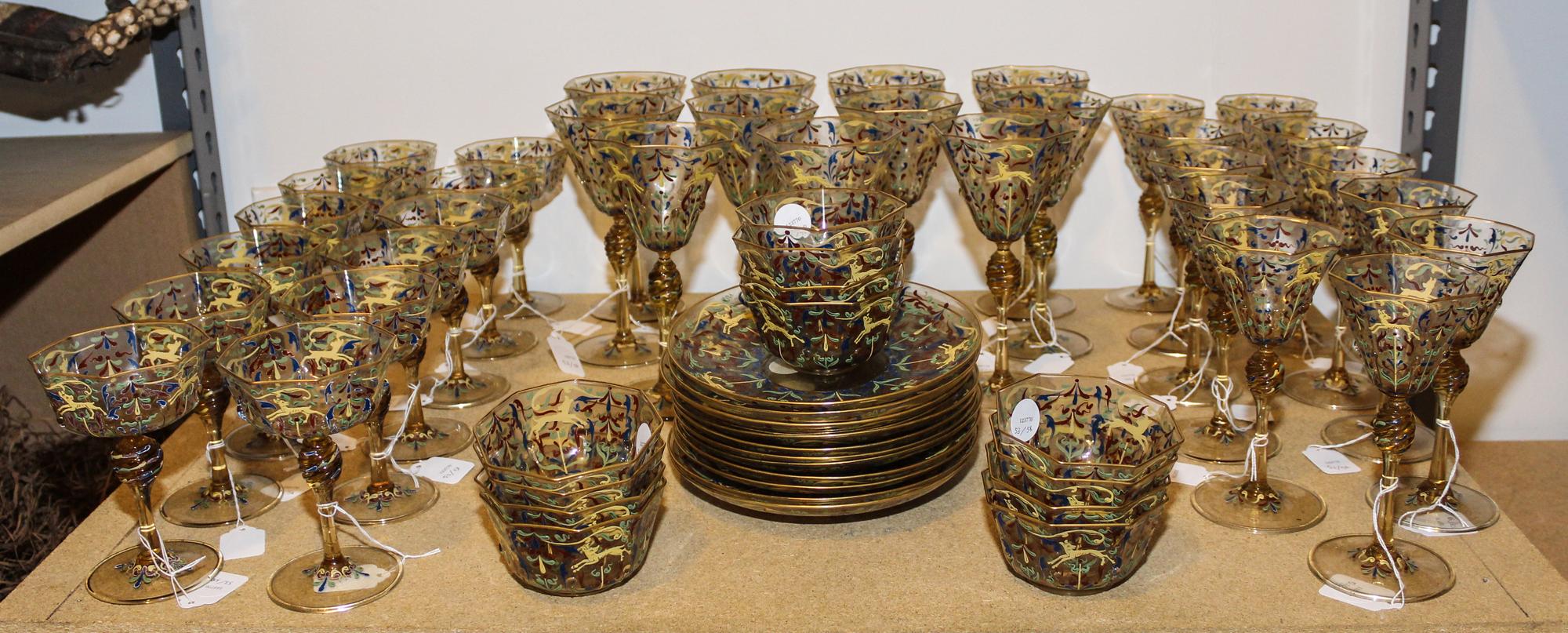 A Collection of Italian Enameled Glass Stemware Height 7 inches.