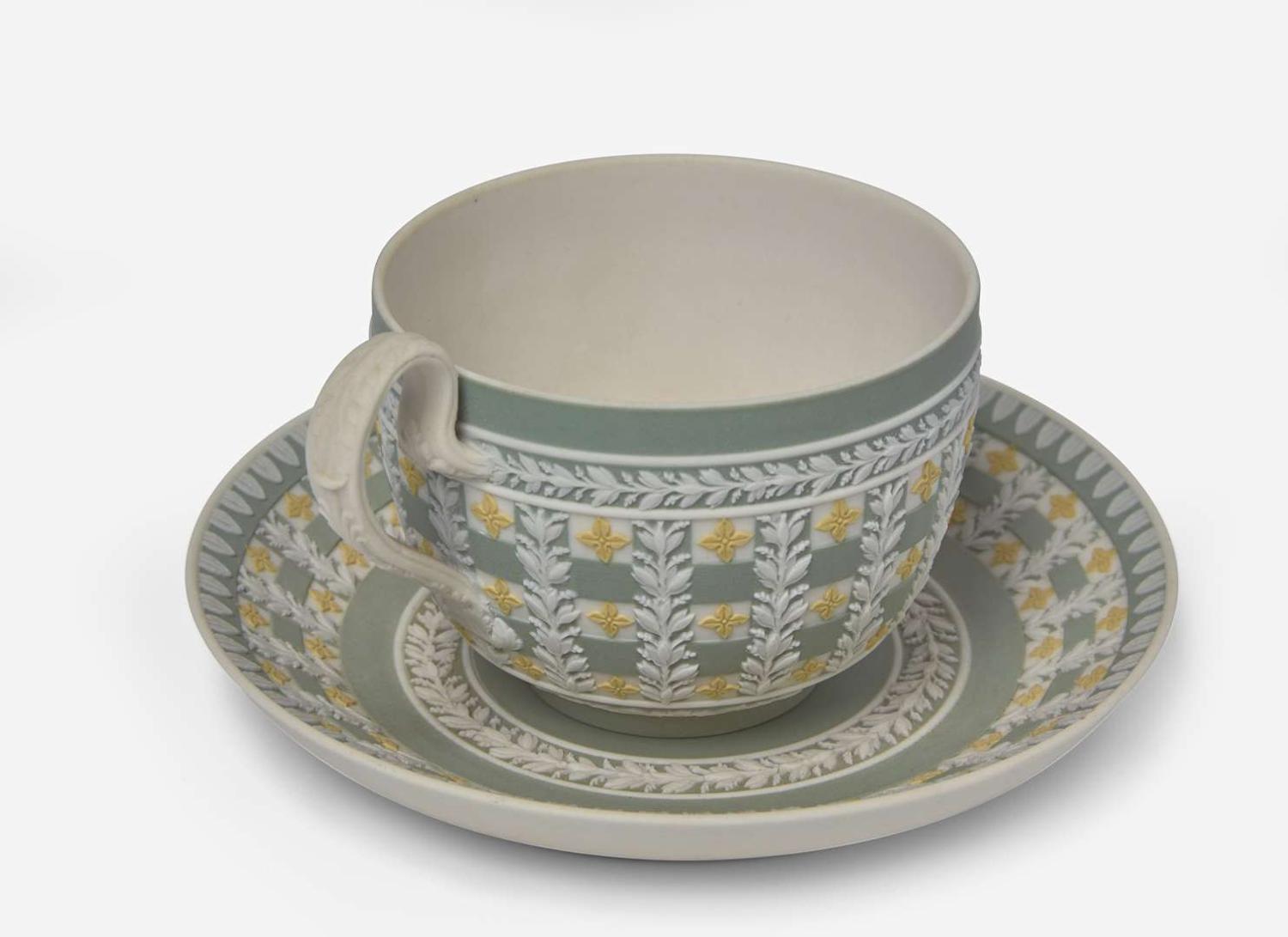 A Wedgwood Jasperware Tricolor Diced Ware Cup and Saucer, UK, circa 1820