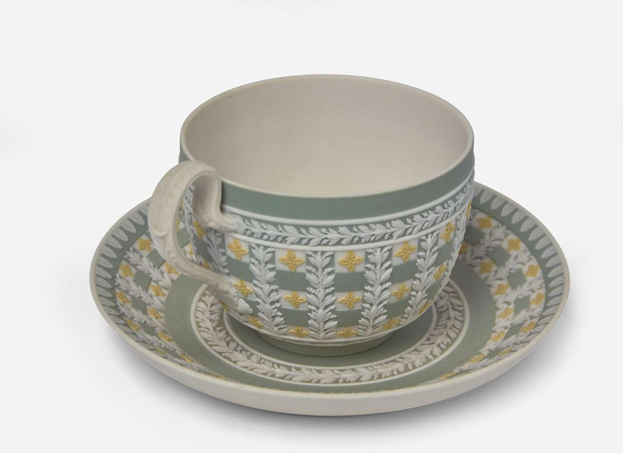 A Wedgwood Jasperware Tricolor Diced Ware Cup and Saucer, UK, circa 1820