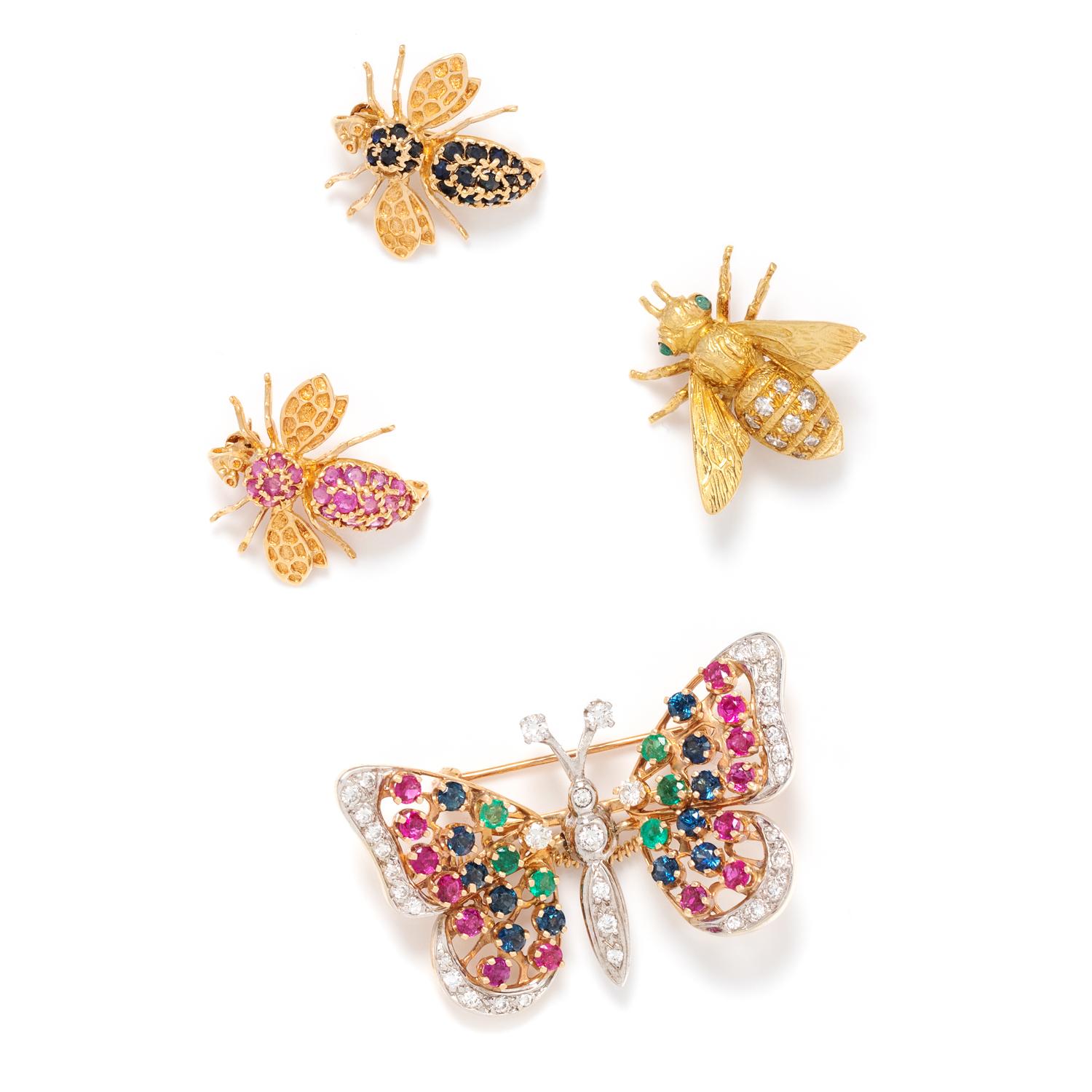 COLLECTION OF YELLOW GOLD INSECT BROOCHES
