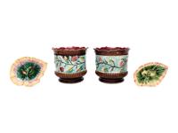 A Pair of Majolica Cache Pots and Two Majolica Leaf-Form Dishes