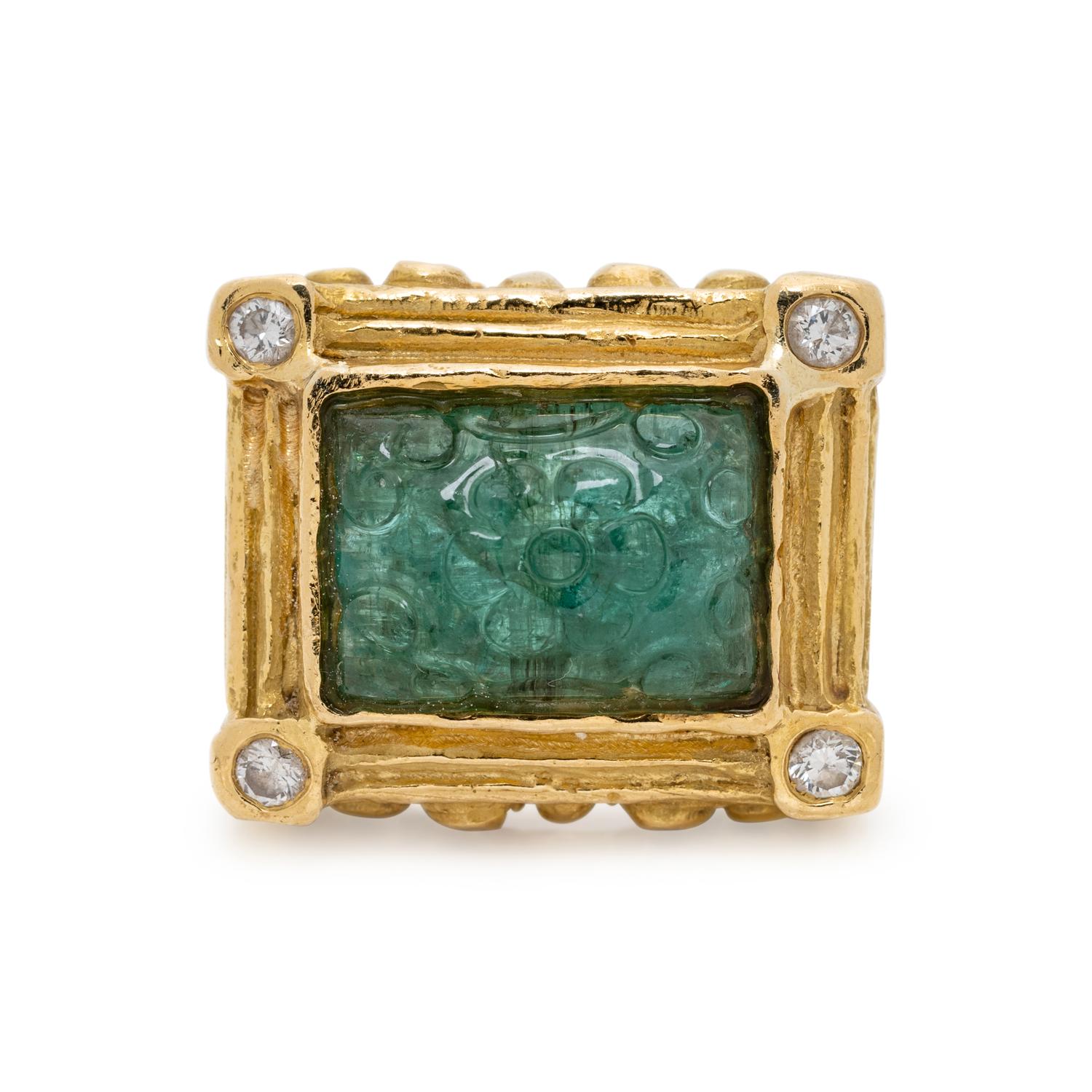 KATY BRISCOE, YELLOW GOLD, CARVED EMERALD AND DIAMOND RING