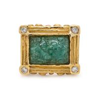 KATY BRISCOE, YELLOW GOLD, CARVED EMERALD AND DIAMOND RING