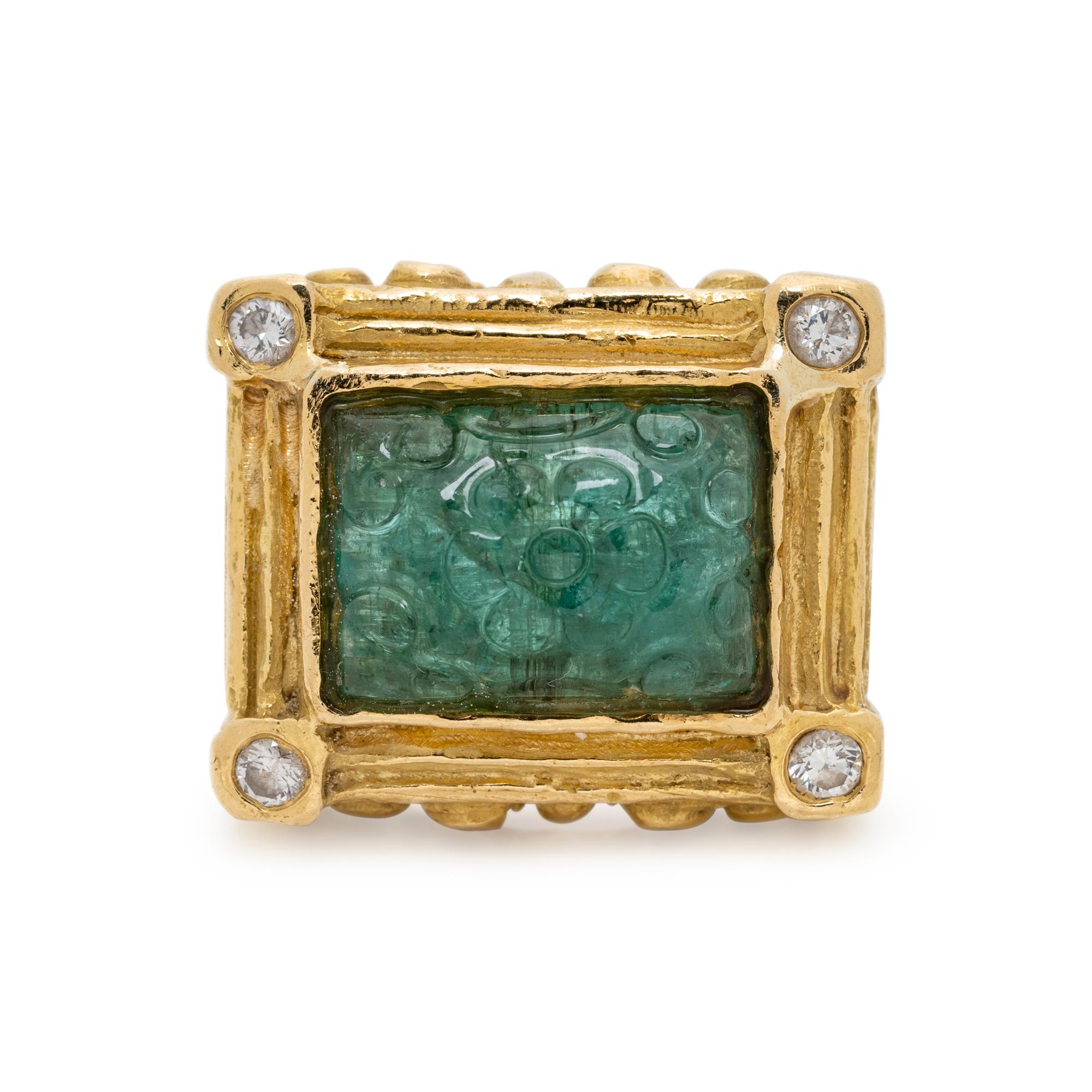KATY BRISCOE, YELLOW GOLD, CARVED EMERALD AND DIAMOND RING