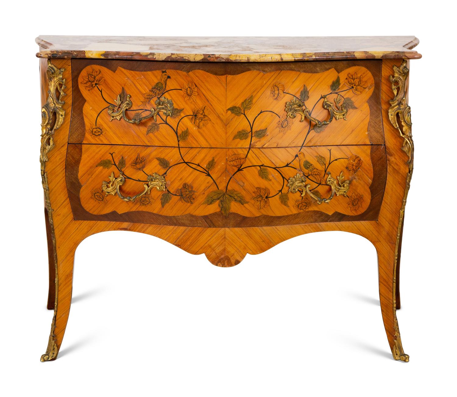 A Louis XV Style Gilt Bronze Mounted Marquetry Marble-Top Commode