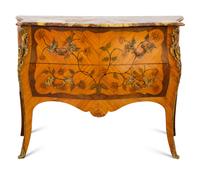 A Louis XV Style Gilt Bronze Mounted Marquetry Marble-Top Commode