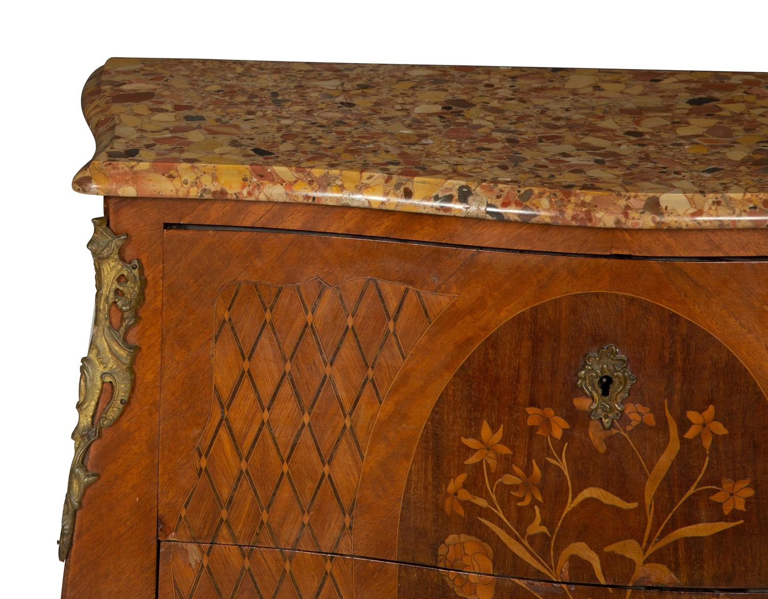 A Louis XV Style Gilt Metal-Mounted Tulipwood Marquetry Marble-Top Commode