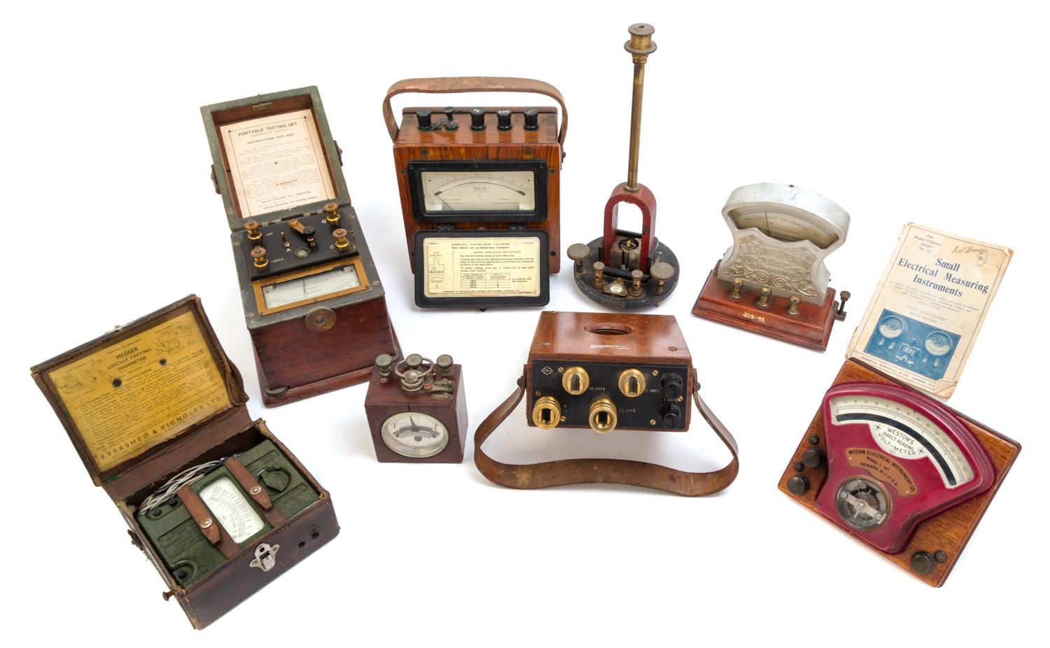 A Group of Seven Electrical Meters Height of tallest 14 inches. — FIRST HALF 20TH CENTURY