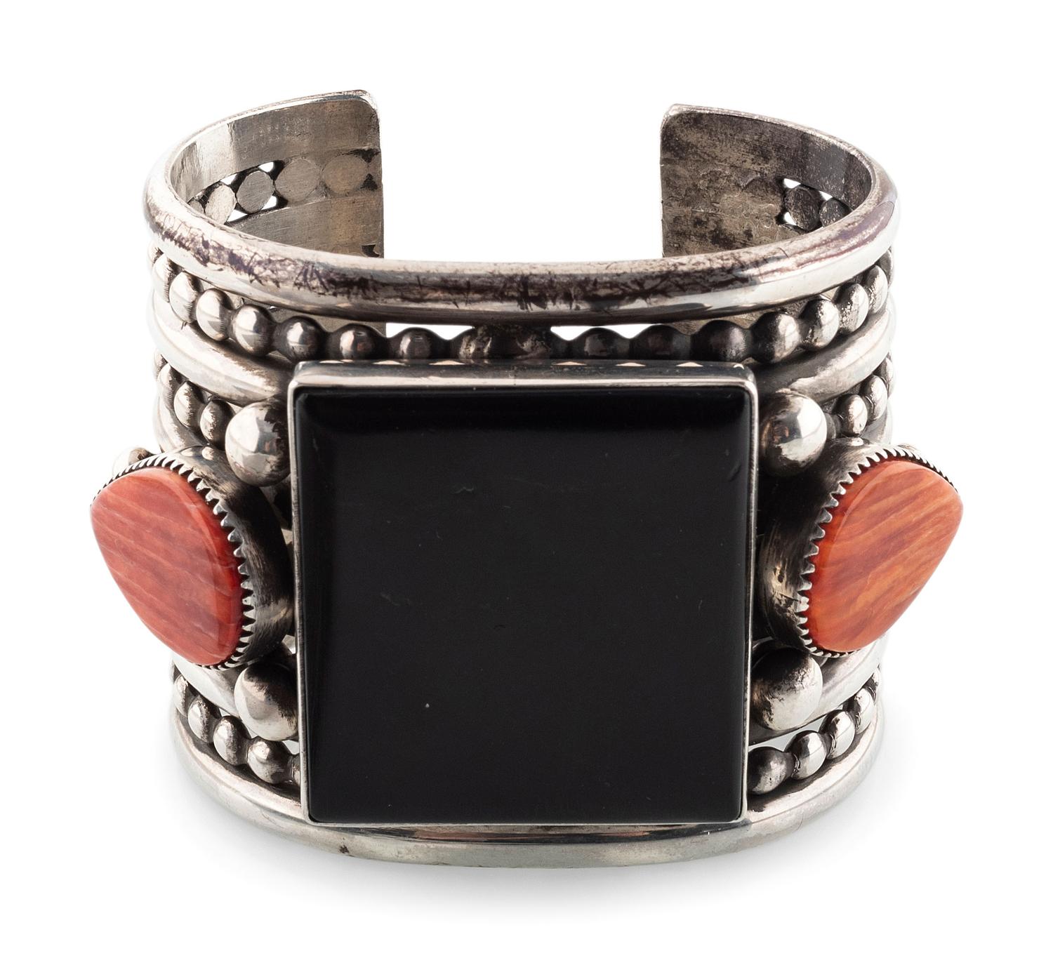 Wide Sterling Silver Cuff Bracelet, Set with Jet and Spiny Oyster
