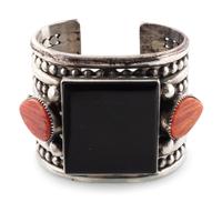 Wide Sterling Silver Cuff Bracelet, Set with Jet and Spiny Oyster