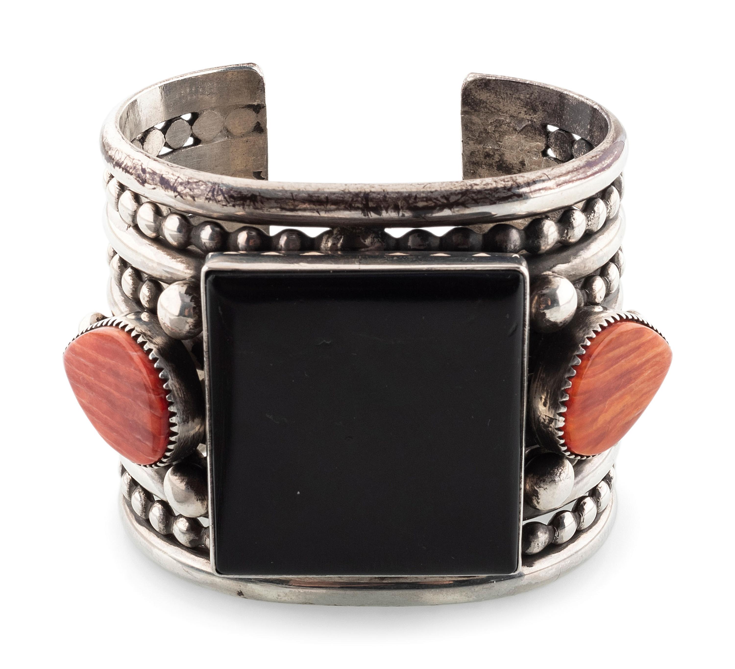 Wide Sterling Silver Cuff Bracelet, Set with Jet and Spiny Oyster