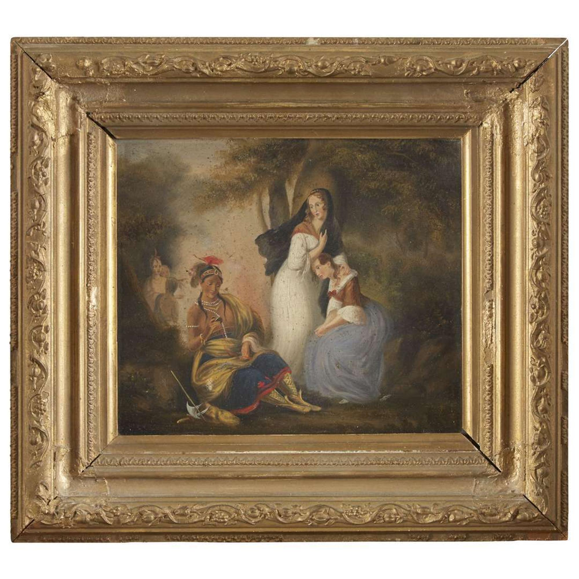 American School 19th century Indian captivity scene, possibly representing Elizabeth Hanson