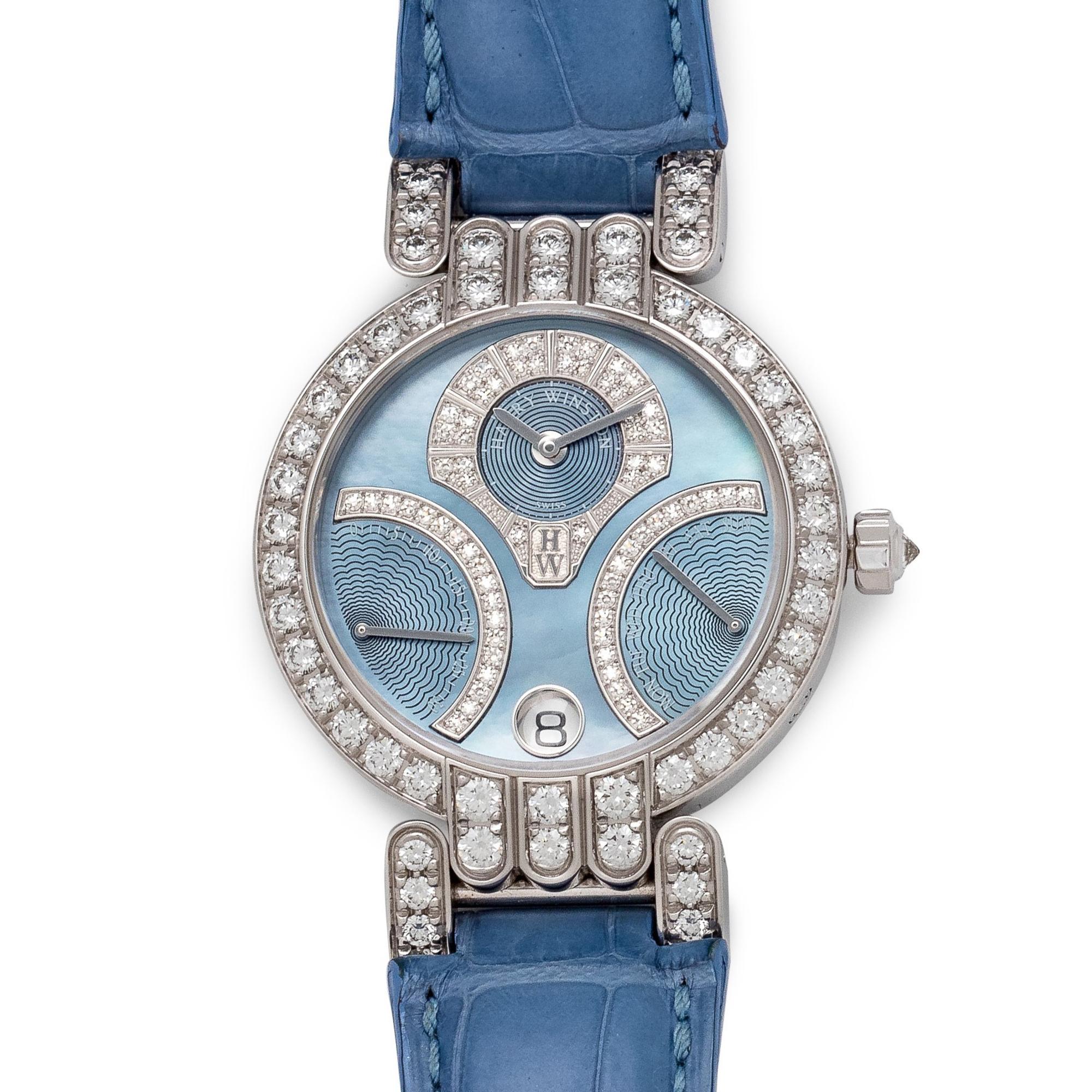Harry Winston, 18K White Gold and Diamond 'Premier Excenter Bi-Retro Day-Date' Wristwatch