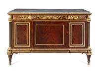 A Louis XVI Style Gilt Bronze Mounted Mahogany Marble-Top Cabinet After the Model by Jean-Henri Riesener (German, 1734-1806)