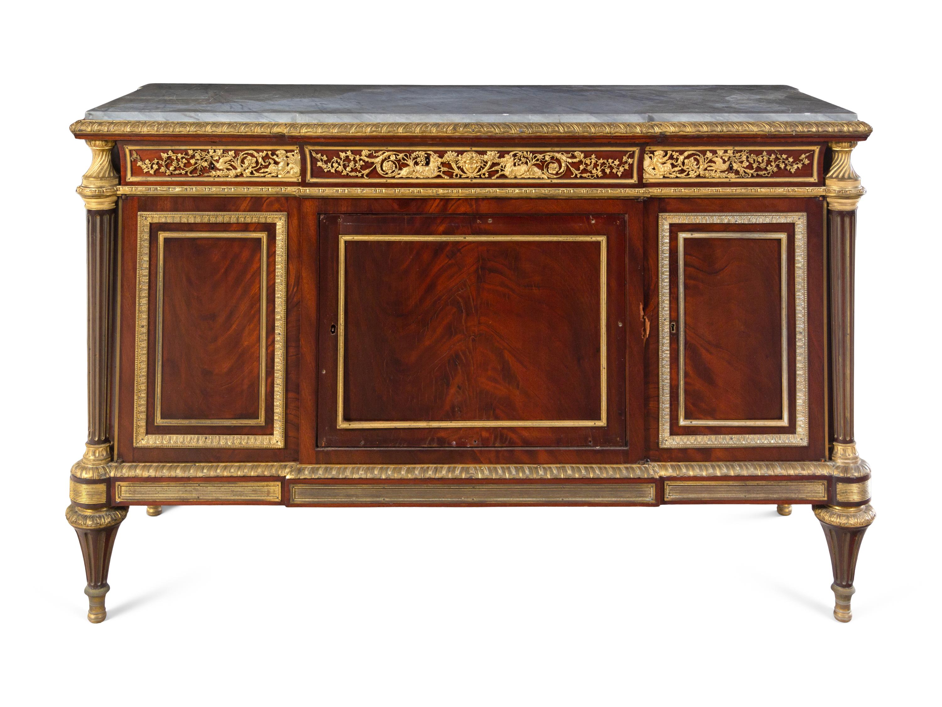 A Louis XVI Style Gilt Bronze Mounted Mahogany Marble-Top Cabinet After the Model by Jean-Henri Riesener (German, 1734-1806)
