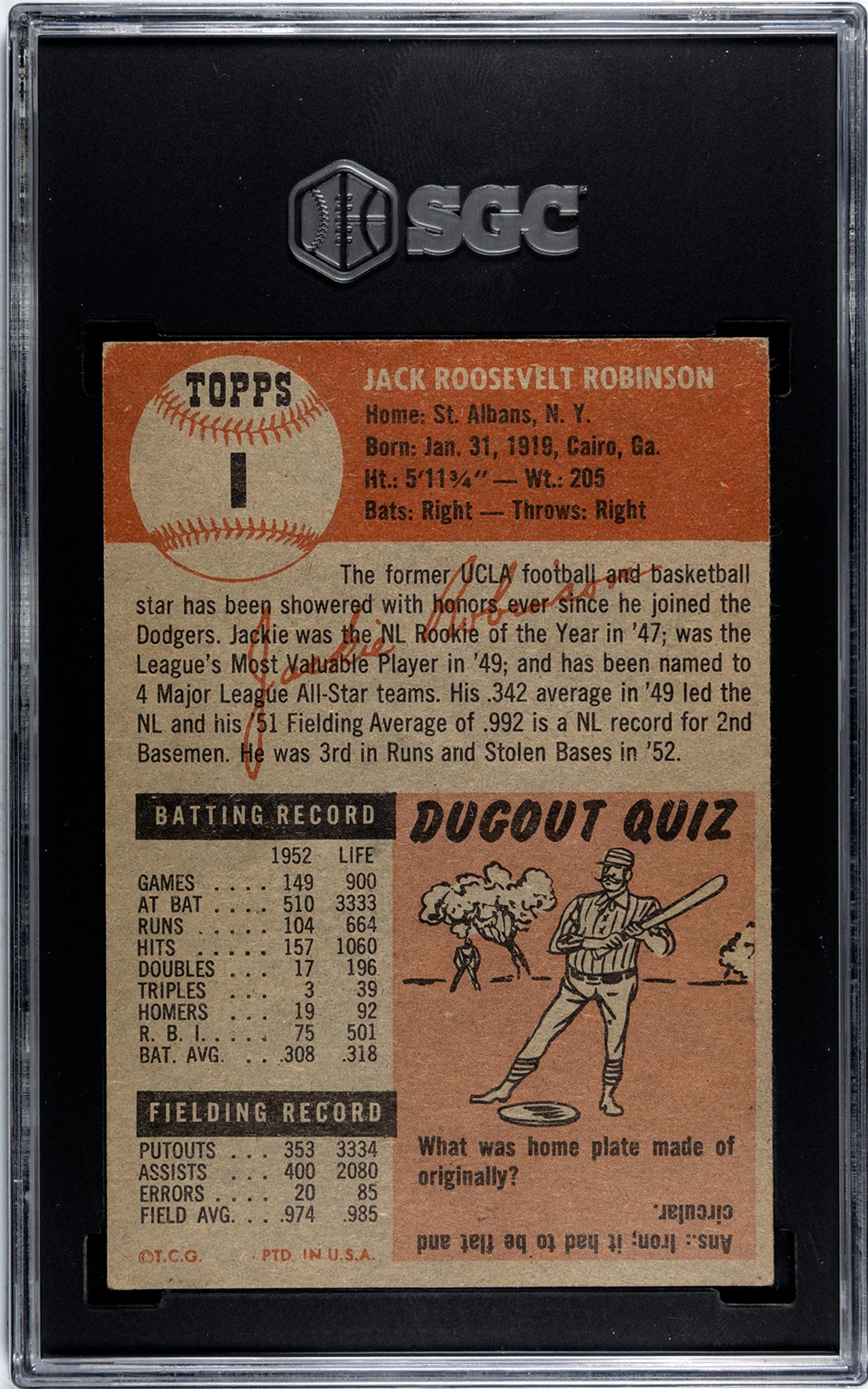 A 1953 Topps Jackie Robinson Baseball Card No. 1 (SGC AUTHENTIC)
