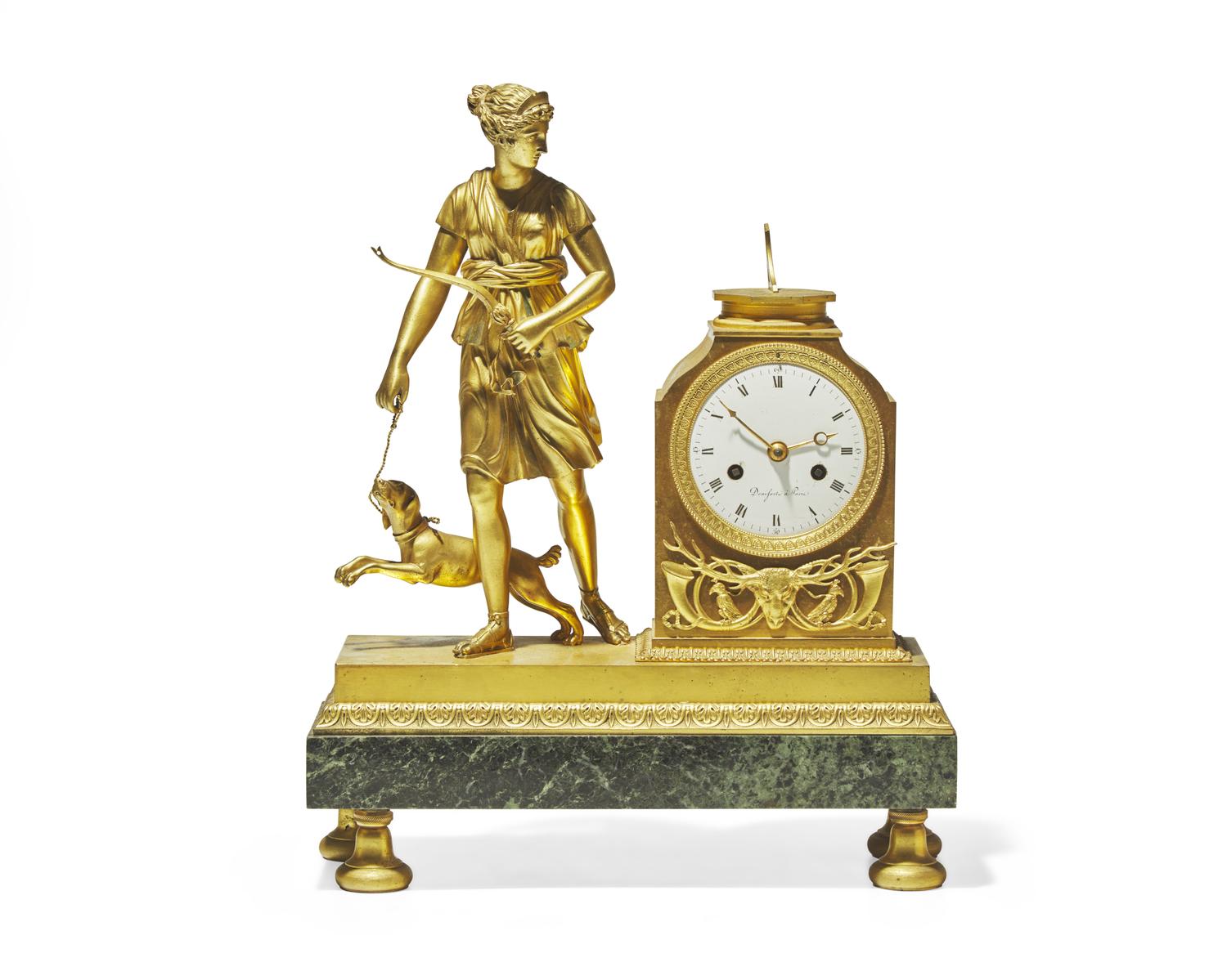 A French Neoclassical gilt bronze mantel clock depicting Diana of the Hunt, works by "Denisart à Paris," early 19th century