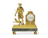 A French Neoclassical gilt bronze mantel clock depicting Diana of the Hunt, works by "Denisart à Paris," early 19th century