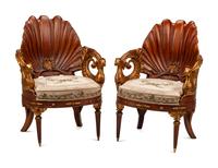 A Pair of Grotto Style Parcel Gilt Carved Walnut Armchairs
