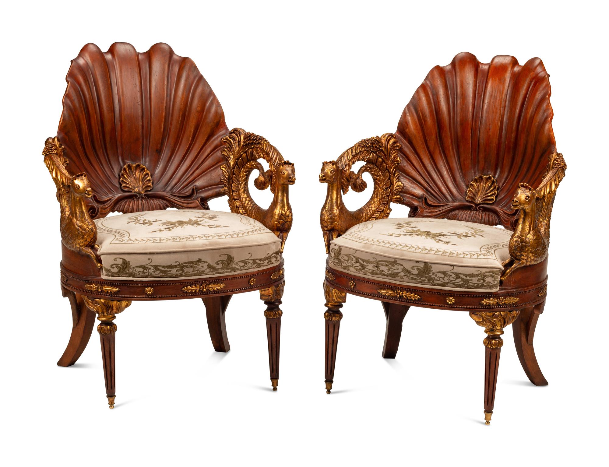 A Pair of Grotto Style Parcel Gilt Carved Walnut Armchairs