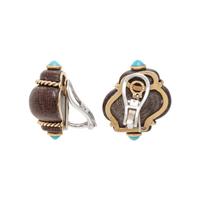 CARVED WOOD, TURQUOISE, AND YELLOW GOLD SHELL FORM EARRINGS