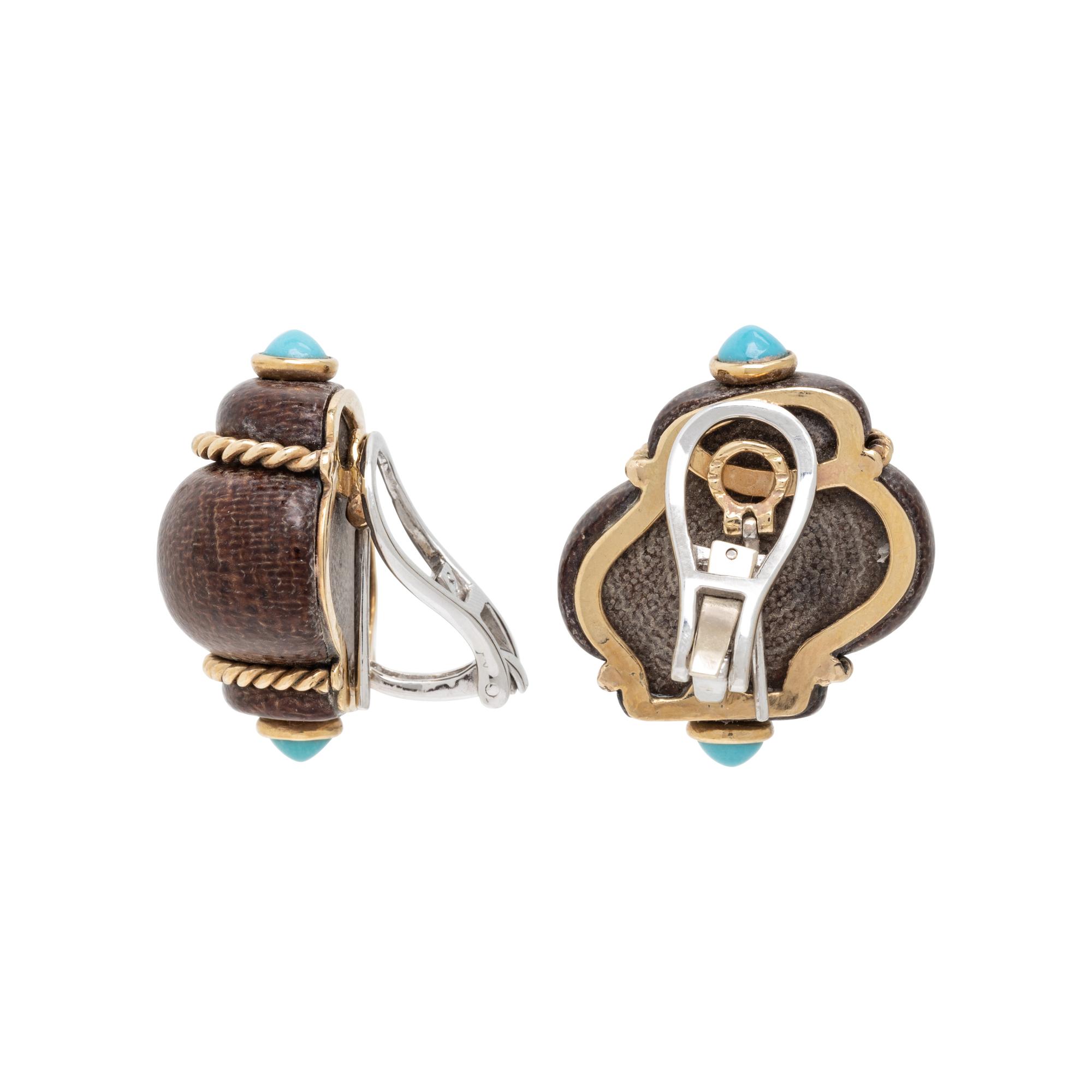 CARVED WOOD, TURQUOISE, AND YELLOW GOLD SHELL FORM EARRINGS