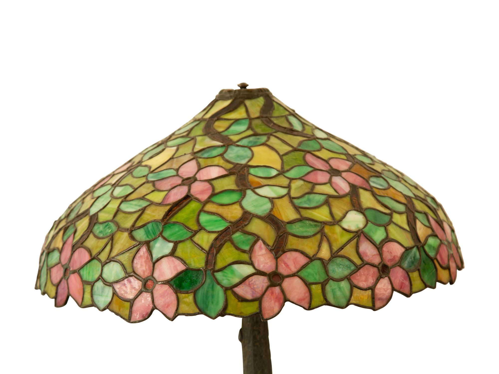 An American Leaded Glass and Patinated Metal Table Lamp