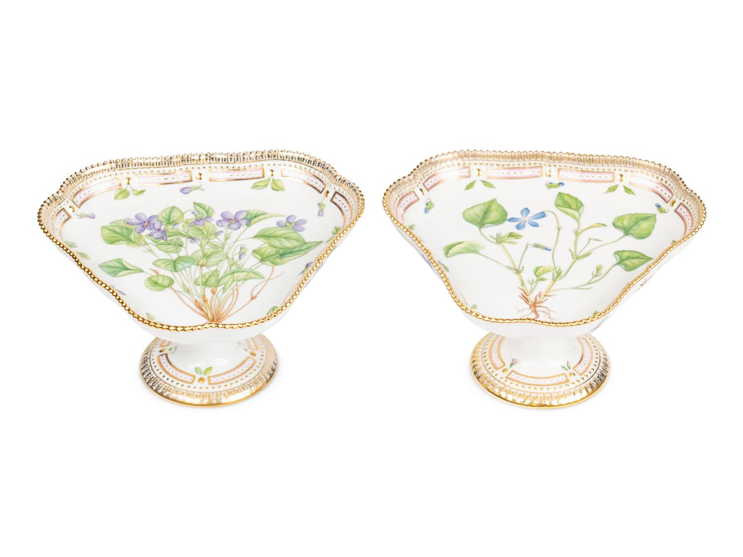 A Pair of Royal Copenhagen Flora Danica Porcelain Triangular Compotes and a Triangular Salad Bowl