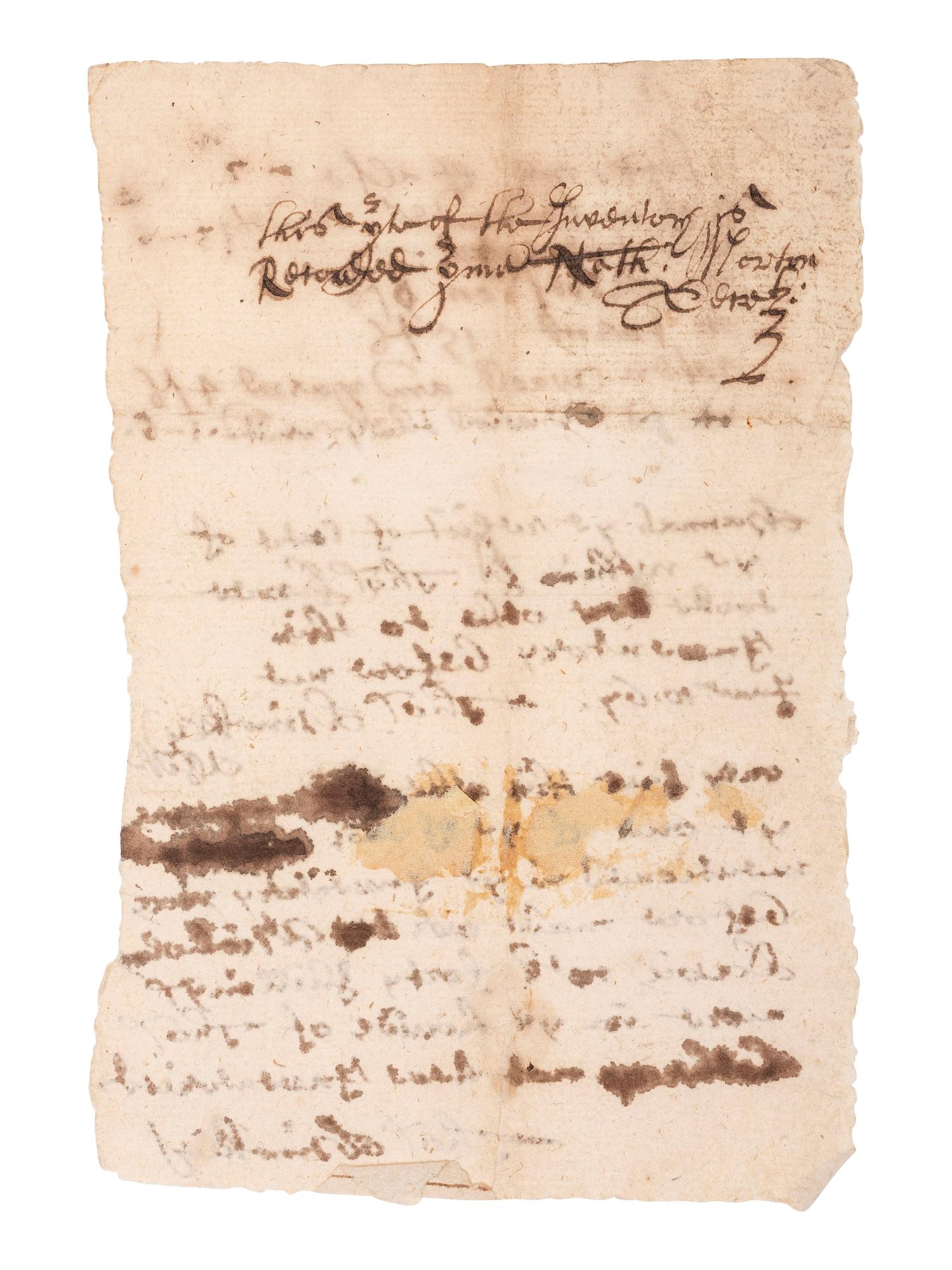 [COLONIAL]. Manuscript signed by Thomas HINCKLEY (1618-1706), last Governor of Plymouth Colony, and Nathaniel MORTON (1613-1685), Plymouth Colony secretary and historian.