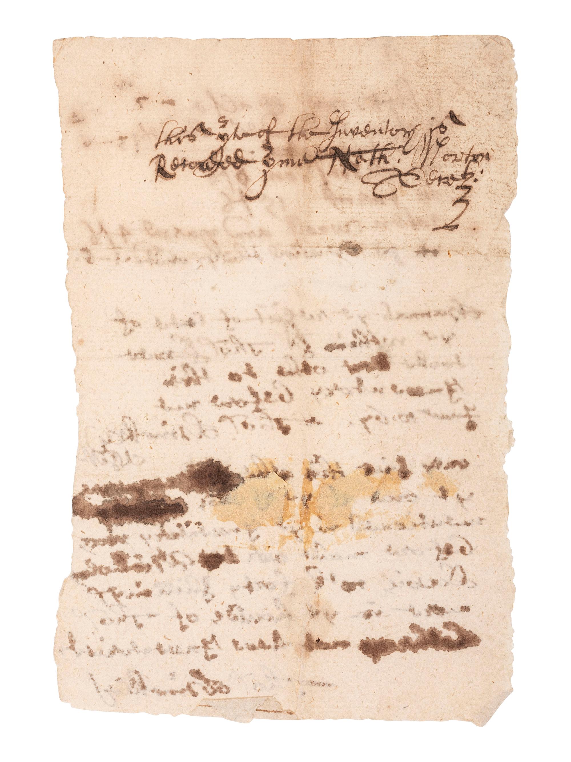 [COLONIAL]. Manuscript signed by Thomas HINCKLEY (1618-1706), last Governor of Plymouth Colony, and Nathaniel MORTON (1613-1685), Plymouth Colony secretary and historian.