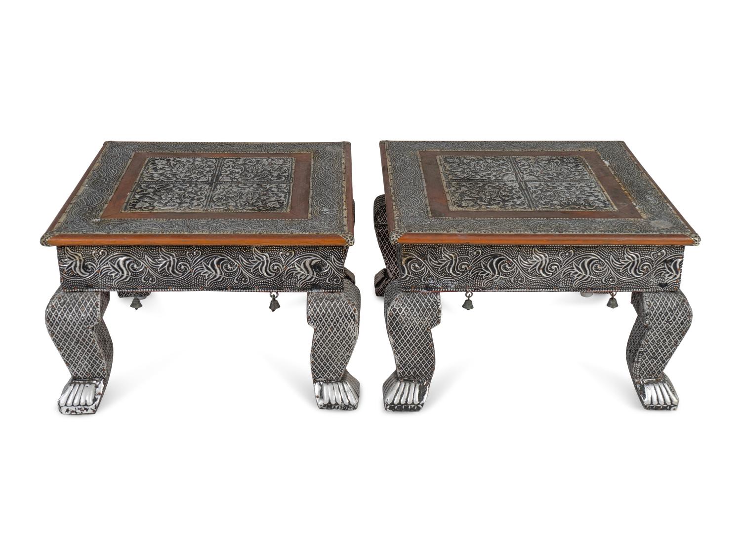A Pair of Indian Silvered Metal-Sheathed Footstools
