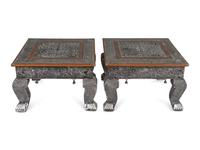 A Pair of Indian Silvered Metal-Sheathed Footstools