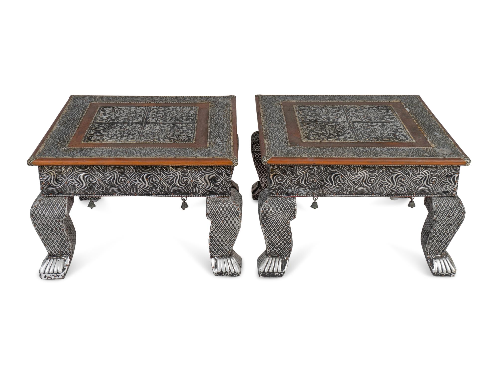 A Pair of Indian Silvered Metal-Sheathed Footstools
