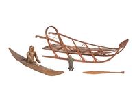 Inupiat Model Sled, Kayak, and Stone Figure, PLUS
