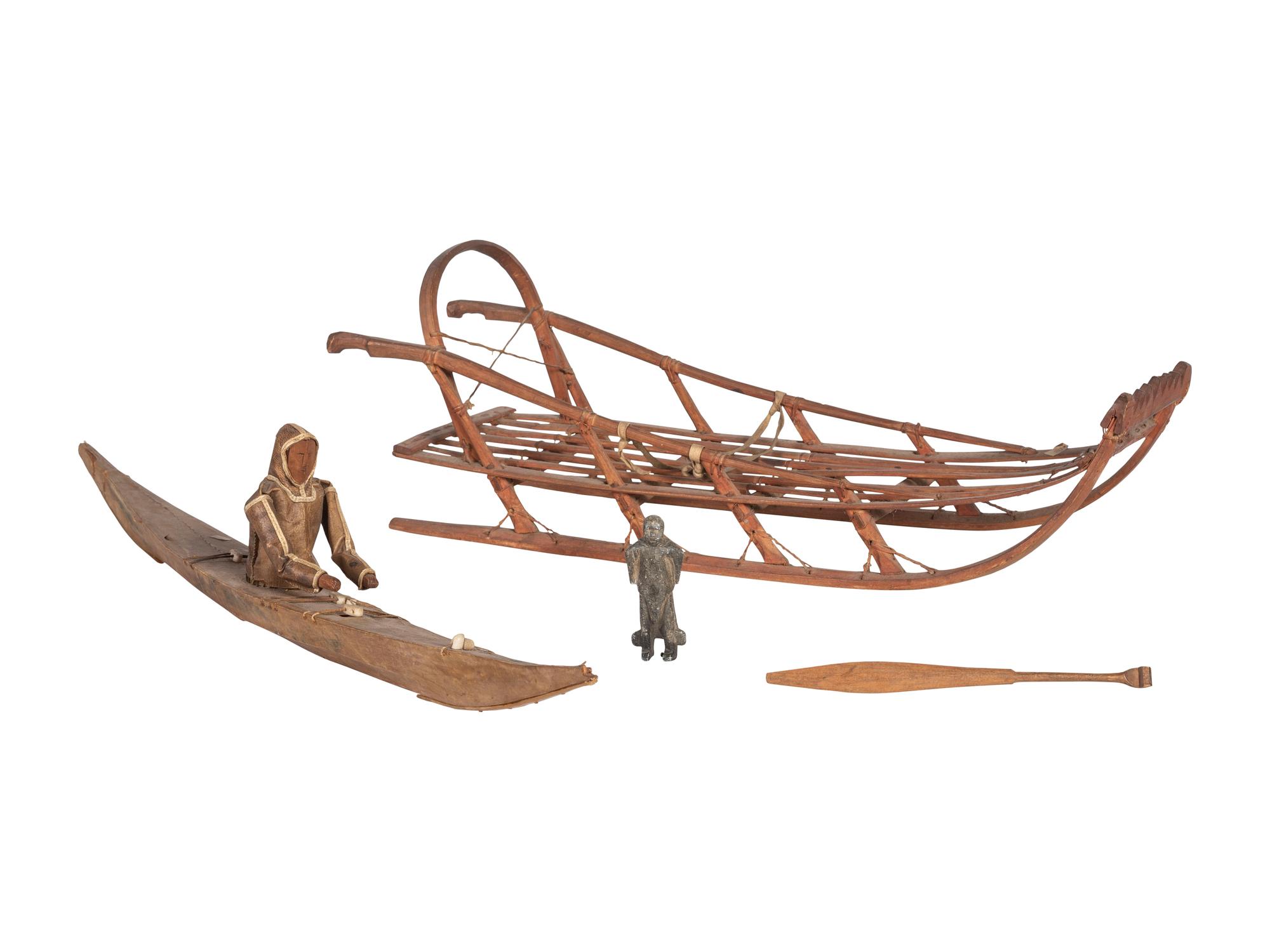Inupiat Model Sled, Kayak, and Stone Figure, PLUS