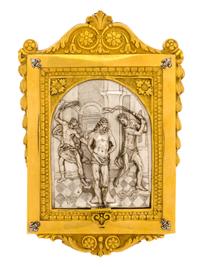 An Italian Silver and Gilt Copper Relief Plaque, Paolo Spagna, Rome, 18th century, depicting the Flagellation of Christ, after the mode