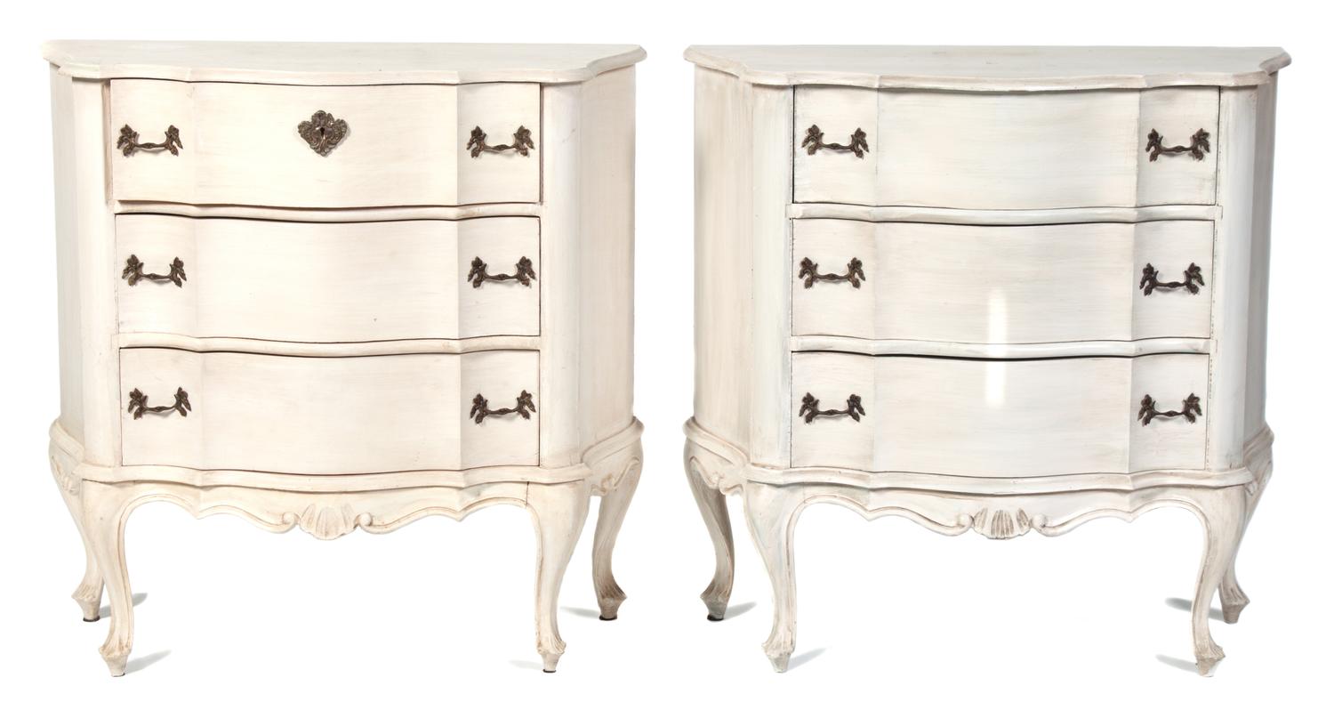 Two Louis XV Style White Painted Chest of Drawers Height of first 29 1/2 x width 30 x depth 12 1/2 inches. — 20TH CENTURY