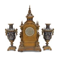 A French Gilt Bronze and Enamel Clock Garniture