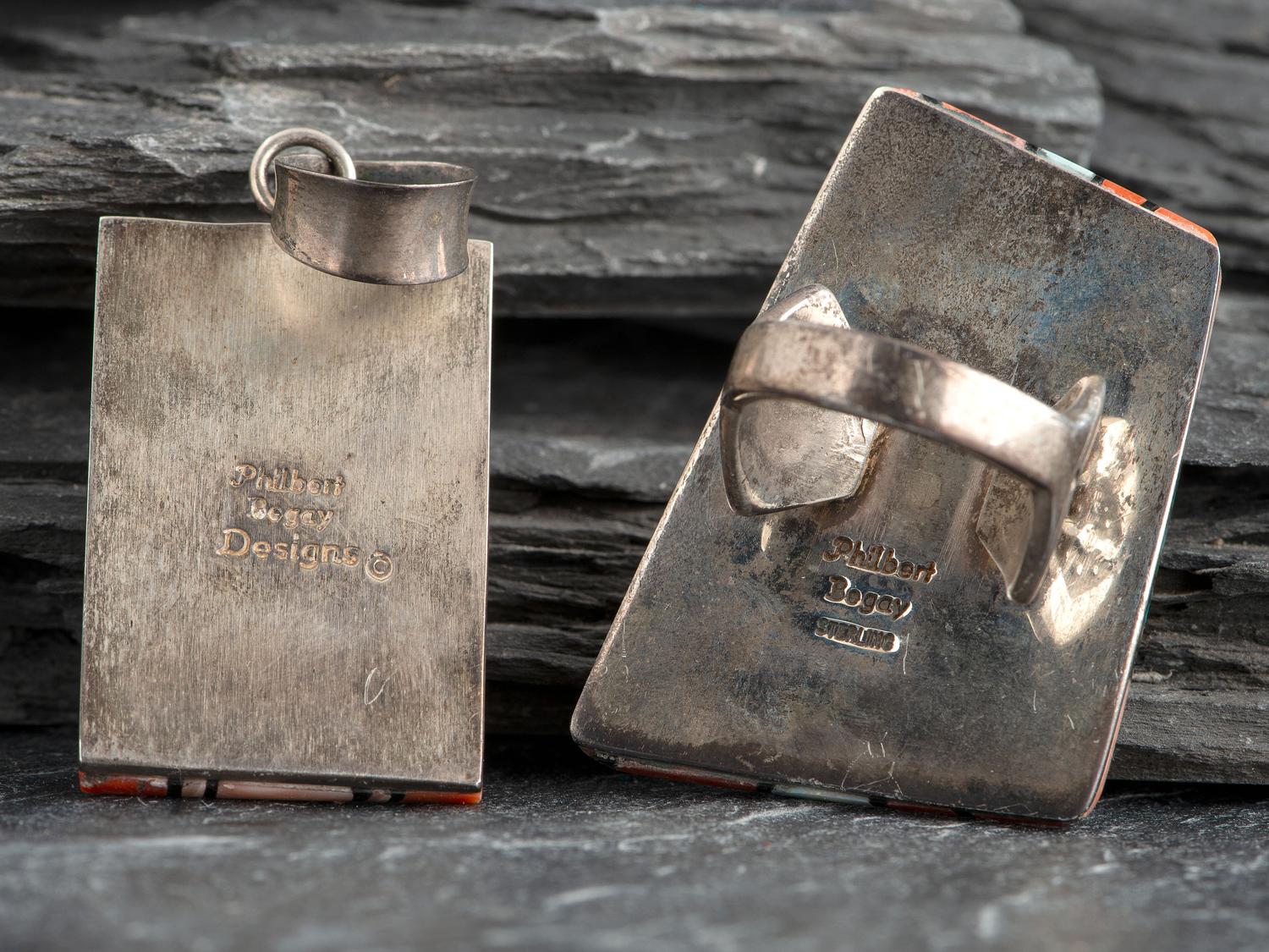 Matching Sterling Silver and Mosaic Inlay Ring and Pendant