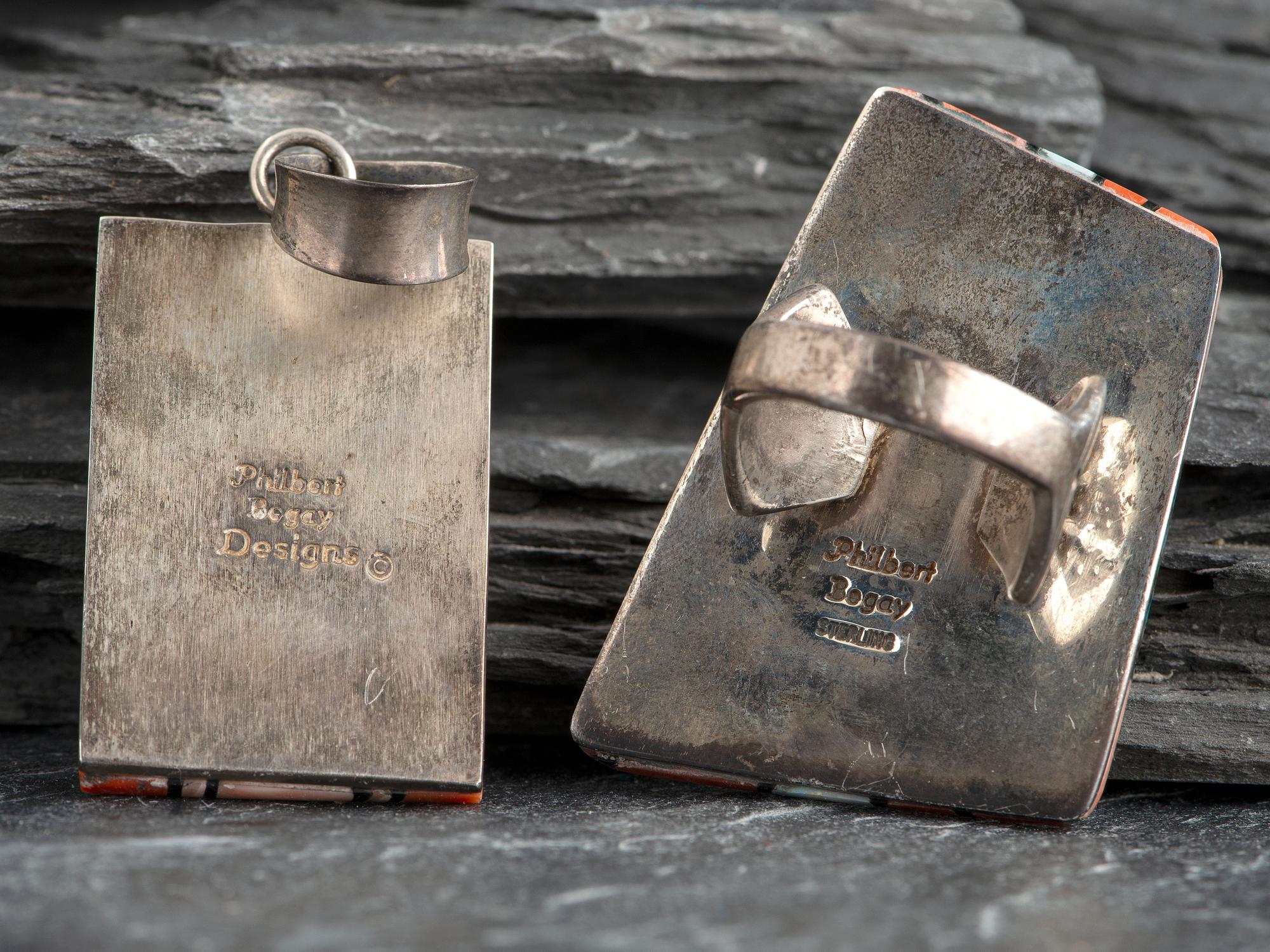 Matching Sterling Silver and Mosaic Inlay Ring and Pendant