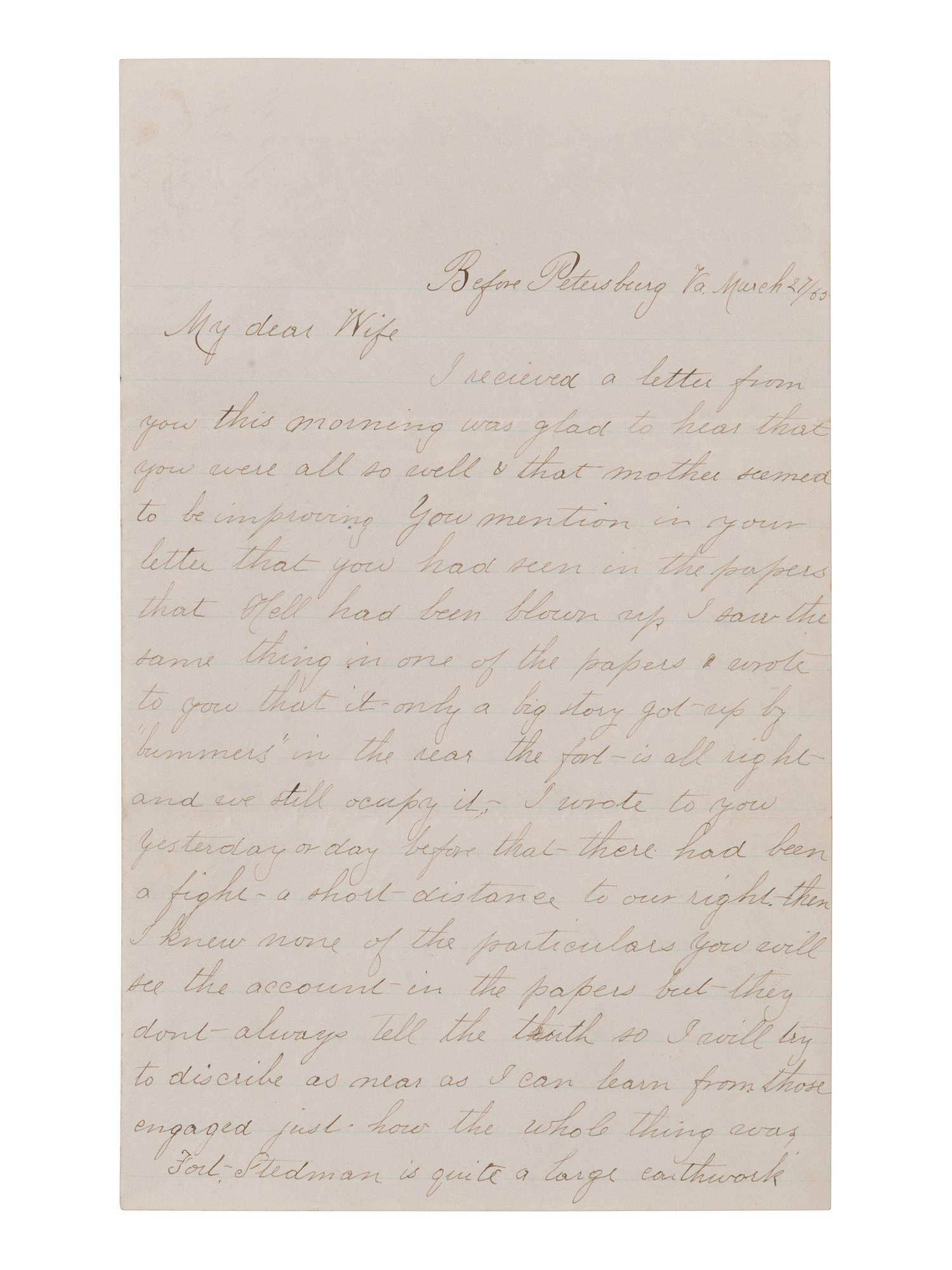 [CIVIL WAR]. Lengthy soldier's letter describing the Battle of Fort Stedman. 27 March 1865.