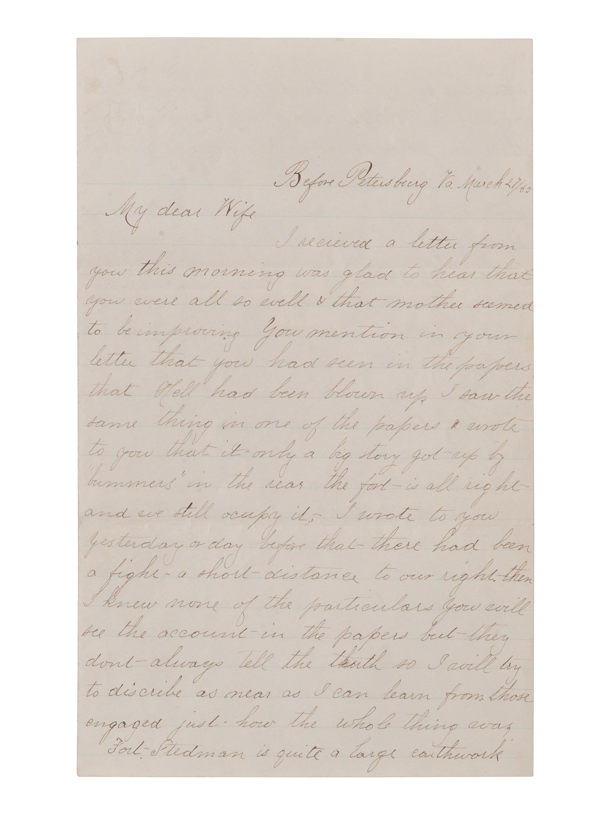 [CIVIL WAR]. Lengthy soldier's letter describing the Battle of Fort Stedman. 27 March 1865.