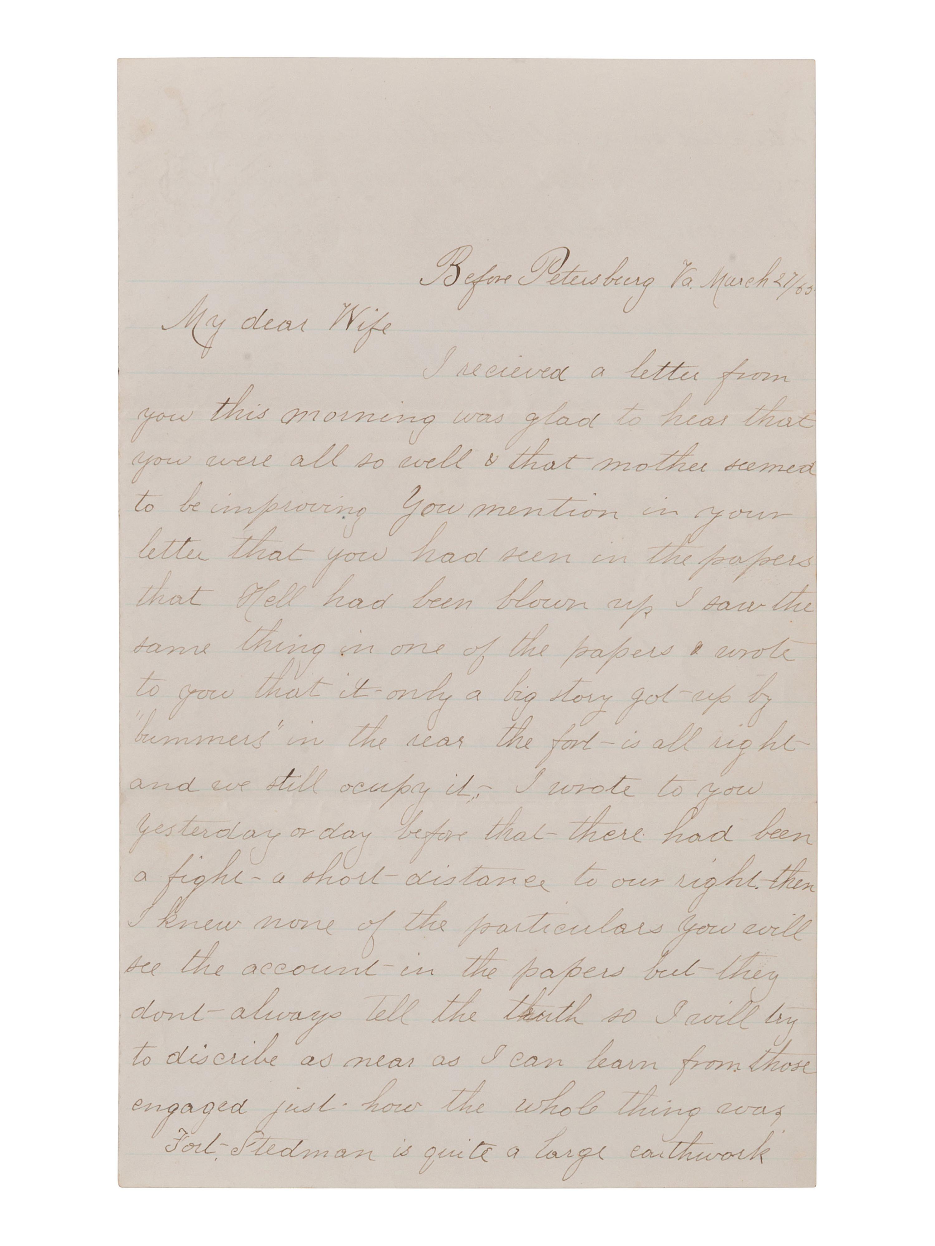 [CIVIL WAR]. Lengthy soldier's letter describing the Battle of Fort Stedman. 27 March 1865.