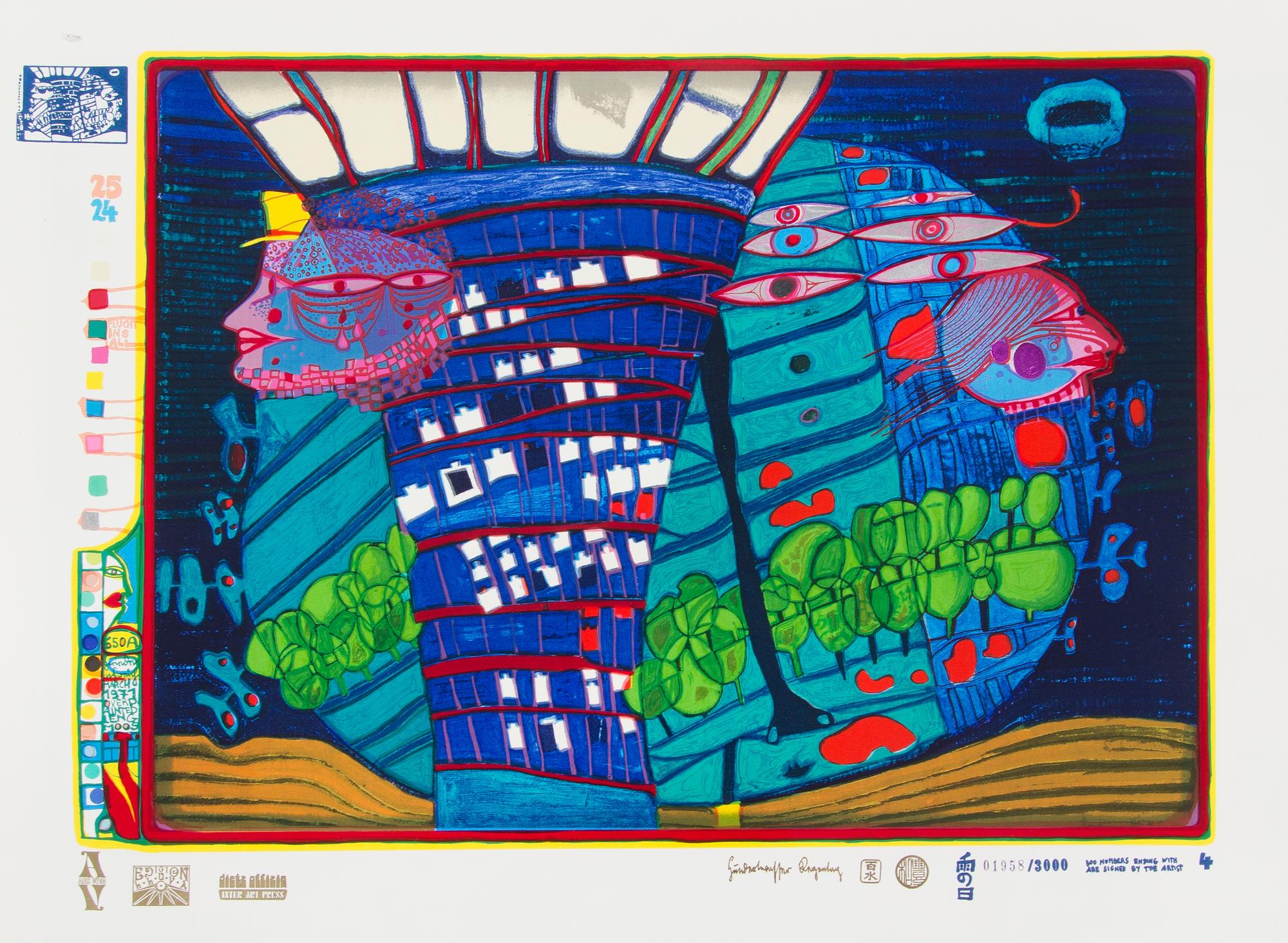 Friedensreich Hundertwasser, (Austrian, 1928-2000), Look at it on a Rainy Day (Regentag Portfolio), 1971-72