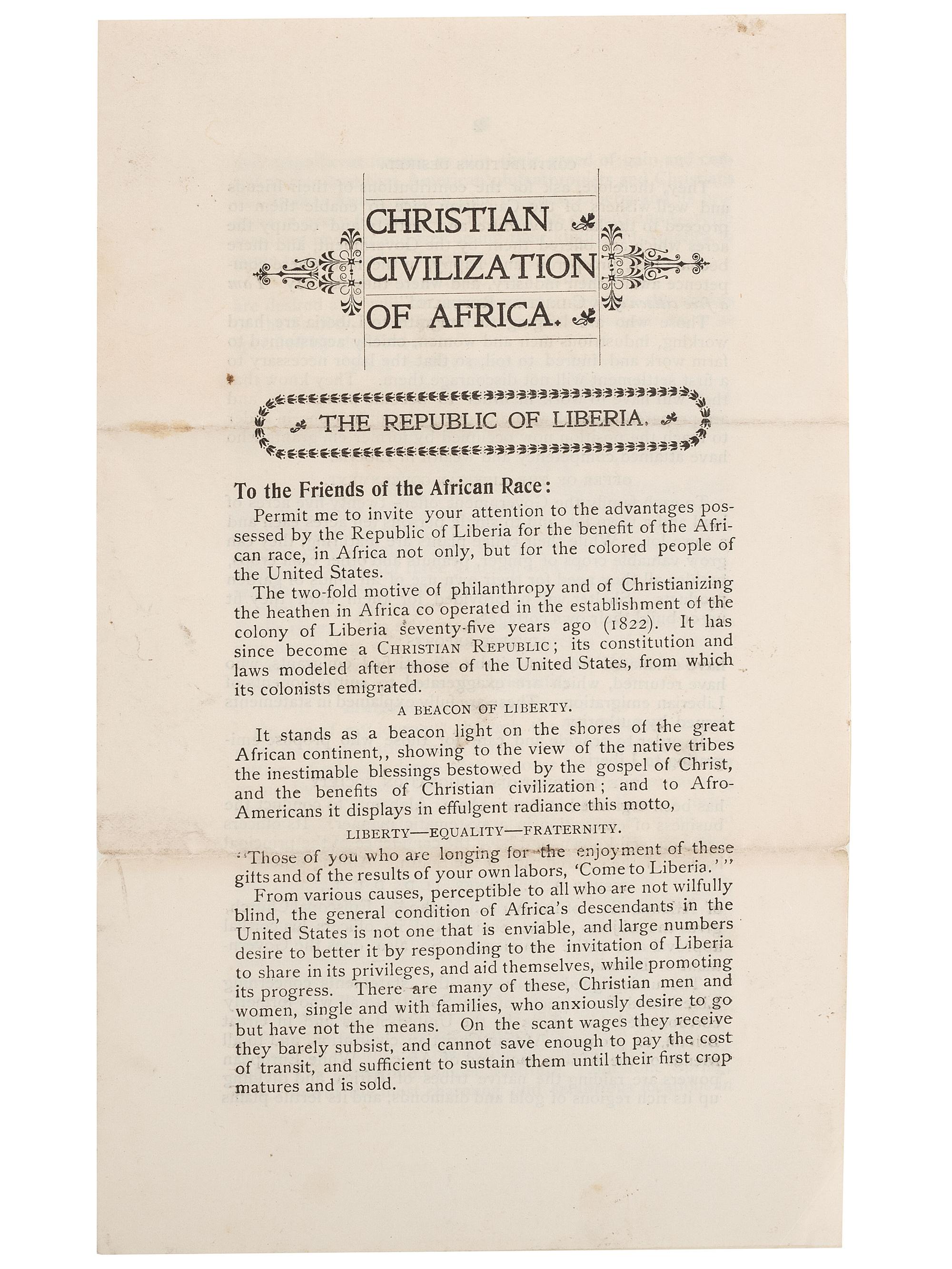 [COLONIZATION]. Christian Civilization of Africa. The Republic of Liberia. [New York?]: International Migration Society, 1897.